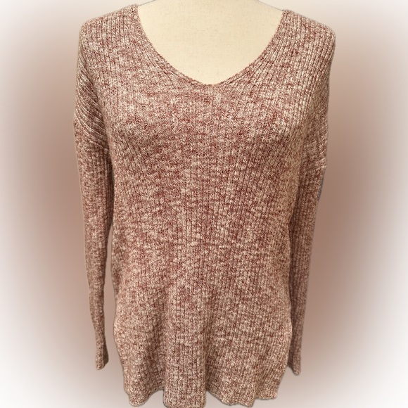 Ann Taylor LOFT XS Knit V-neck Sweater in EUC Marled red and white - Picture 1 of 7